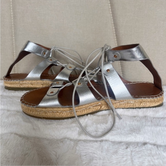 CHARLOTTE STONE Silver Metallic Leather Joni Gladiator Espadrille Sandals Sz 10 - Picture 12 of 16